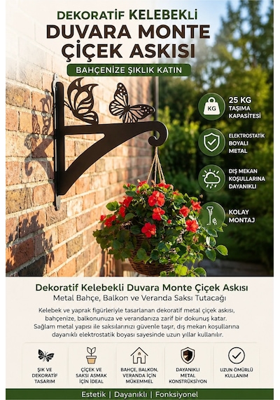Dekoratif Butterfly Figürlü Dekoratif Duvara Monte Çiçek Askısı Metal Bahçe, Balkon Ve Veranda Saksı Tutacağı Siyah