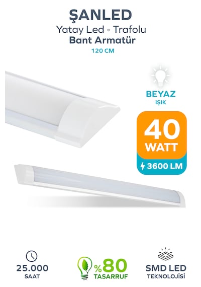 120 Cm 40 Watt Yatay Led Bant Armatür-trafolu Beyaz Işık -1 Adettir