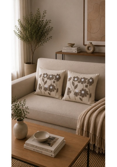 Punch Nakış İşlemeli 2'li Kırlent Kılıfı 40x40 Krem