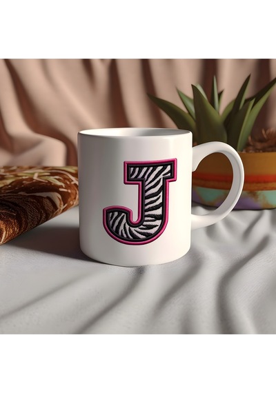 J Harfi Zebra Deseni Ve Pembe Kenarlı Kupa Bardak - Kişiye Özel Nakış Efektli - Siyah Beyaz Pembe Beyaz