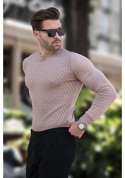Madmext Bej Desenli Erkek Triko Kazak 7266 Bej