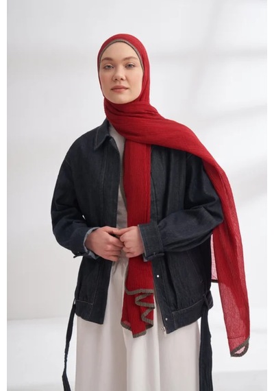 Armanda Müslin Biyeli Şal -90 X 200- 3352-01 - 90 X 200 / Kırmızı - 50 Kırmızı - 50