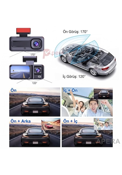 Zhuse A98 3 Kameralı Wi-fi Araç İçi Kamera Ekranlı Ön Kabin Ve Bagaj Kameralı İos Android Ve Class 10 Kart Uyumlu Yol Kayıt Cihazı