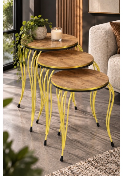 Sulorahome Lükens Ayaklı Çam Desenli 3'lü Zigon Sehpa Takımı Atlantik Çam