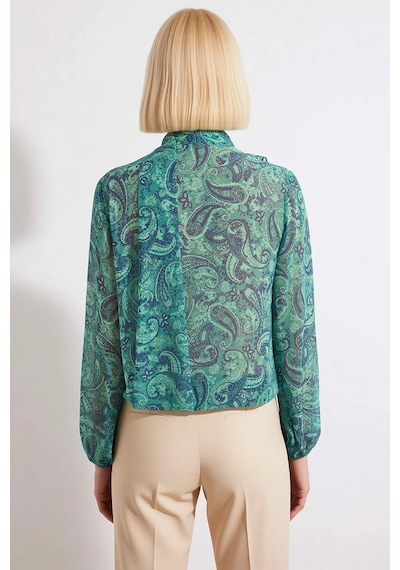 Benerly Kadın Bluz Şal Desenli Fular Yaka Uzun Kol Manşetli Şifon Dokuma Yeşil