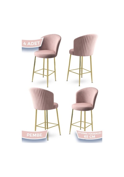 Canisa Alte Serisi 4 Adet Babyface Kumaş 65 Cm Gold Kaplama Ayaklı Pembe Bar Sandalyesi Pembe Sandalye Gold Kaplama Ayak