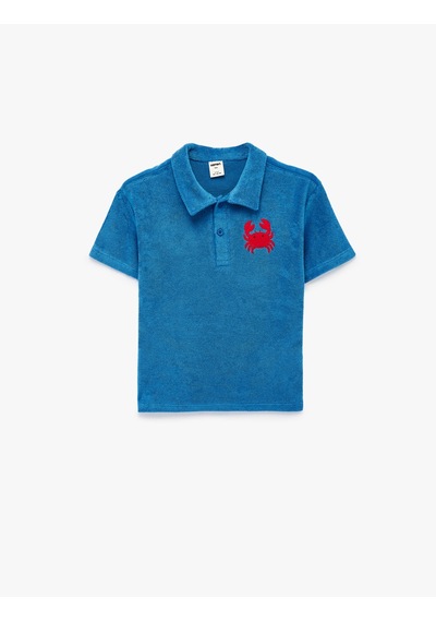 Koton Yengeç İşlemeli Kısa Kollu Pamuklu Oversize Polo Yaka Tişört Mavi 6smb10160tk
