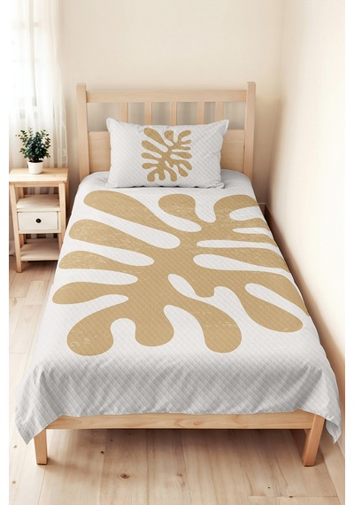 Bej Yaprak Minimal Genç Odası Tek Kişilik Pike Takımı - Bohem 160x220 Cm Kapitone Yatak Örtüsü Gizli Sükunet Sükuneti