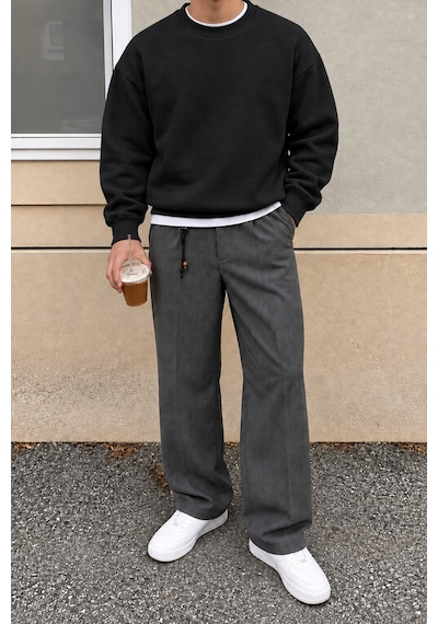 Tarz Cool Erkek 3 İplik Şardonlu Regular Fit Bisiklet Yaka Basic Sweatshirt Siyah