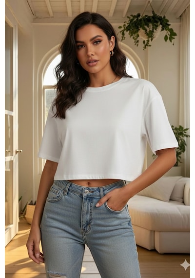 Kadın Beyaz Bisiklet Yaka Oversize Crop Tişört - %100 Pamuklu Basic Kısa Kol Beyaz