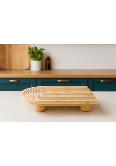 Bambu Dekoratif Top Ayaklı Sunum Tabağı, Servis Tabağı, 23 X 33 Cm Açık Bej