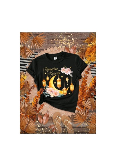 Stil X Ramazan Bayramı Baskılı Kız Çocuk Tshirt, %100 Pamuklu Kumaş Siyah