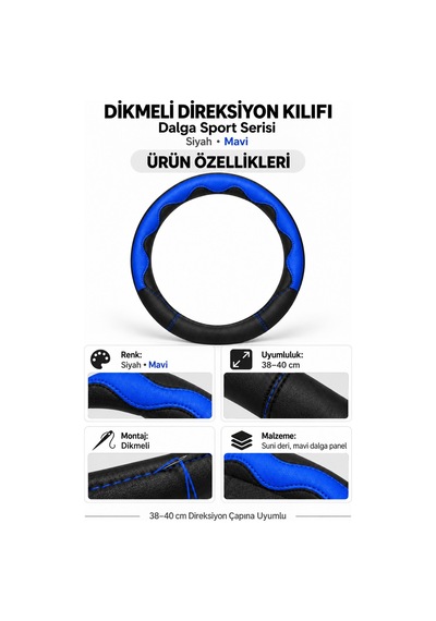 Trobus Toyota Corolla 1993-1998 Uyumlu Dikmeli Direksiyon Kılıfı Dalga Sport Deri Siyah Mavi Siyah - Mavi
