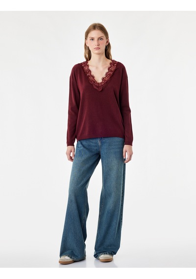 Koton Dantel Detaylı Regular Fit V Yaka Uzun Kollu Triko Kazak Bordo 7wal90144ıt