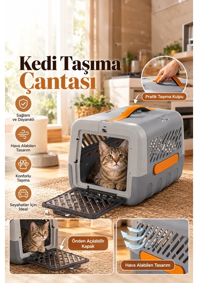 Porsima 0001 Kedi Taşıma Çantası Ve Kafesi - Emniyet Kemer Yuvalı, Havalandırmalı Kedi & Küçük Irk Köpek Taşıma Kutusu Gri / Turuncu
