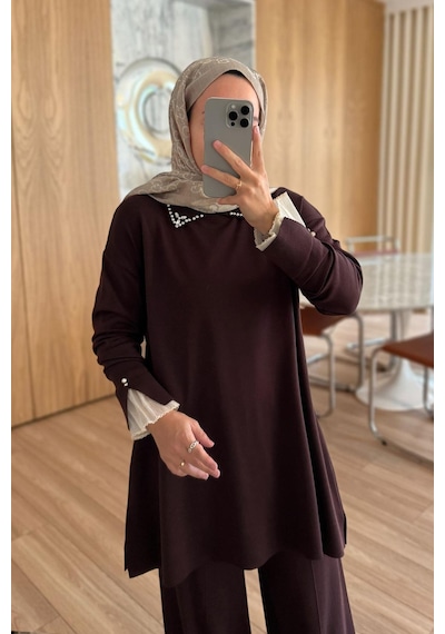 Ka Hijab Kolu Tüllü Merserize Takım - Kahverengi
