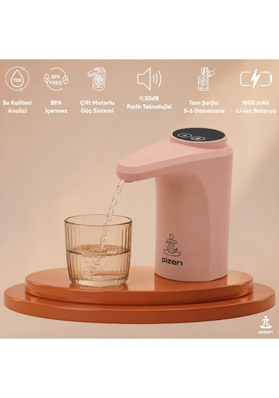 Pizen Flow Usb Şarjlı Otomatik Damacana Su Pompası Tds Ölçer 250ml 500ml 1l 2l Ölçü Özellikli Pembe