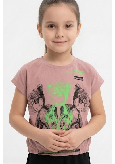 New Kids Ayıcık Baskılı Büzgü Detaylı Kısa Kol Kız Çocuk Tişört-91126 Pembe