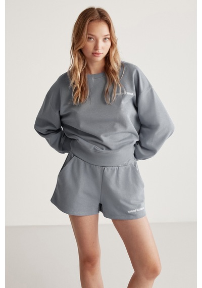 Grımelange Jennıfer  Kadın Organik Pamuklu Nakışlı Yuvarlak Yakalı Oversize Gri Sweatshirt