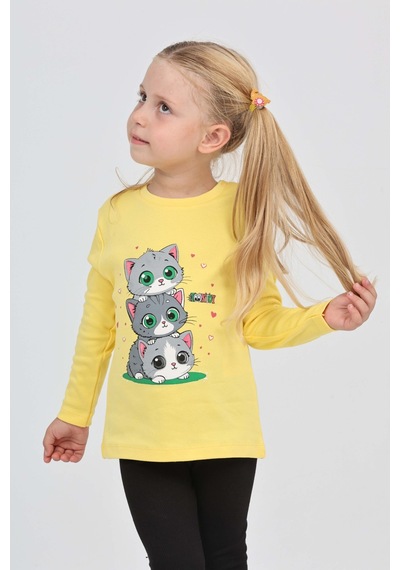 Toontoy Kız Çocuk Üçlü Kedi Baskılı Sweatshirt Koyu Sarı