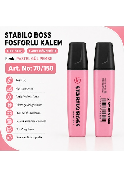 Boss Fosforlu Kalem 1 Adet Metin İşaretleme Kalemi Pastel Gül Pembe