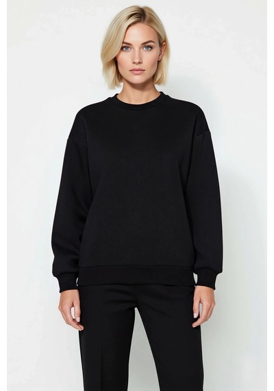 Benerly Kadın Bisiklet Yaka Düşük Kol Regular Kalıp Örme Sweatshirt Fonks siyah