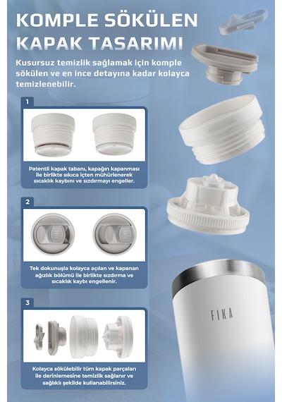 Neoflam Fika Tauko Sızdırmaz Kolay Sökülebilir Temizlenebilir Patentli Kapak Çelik Bardak Termos 470 Ml beyaz