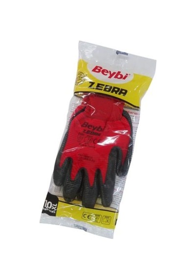 Beybi Zebra Nitril Kaplama Örme Eldiven Kırmızı Işçi Eldiveni (15