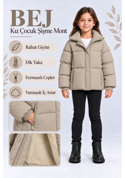 Ahengim Bej Lila Kız Çocuk Şişme Mont Dik Yaka Fermuarlı Cepli Peluş Astarlı Ak4304
