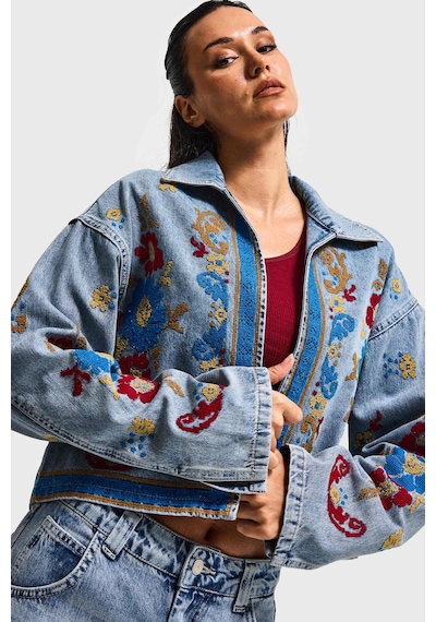 it's basic Kadın Kot Rengi 3s6-32 Bol Kesim Özel Nakış Desenli Tasarım Denim Ceket