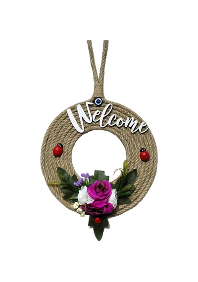 Welcome Yazılı Kapı Süsü Fuşya Krem Çiçekli Uğur Böcekli 21 Cm Kapı Süsü