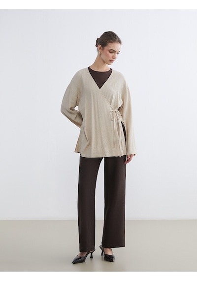 Lcw Modest Bej Kruvaze Yaka Dokulu Kadın Kimono