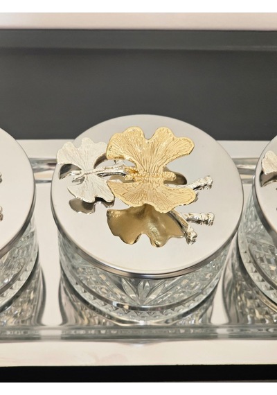 Atabey Home Collection 3'lü Kelebekli Gümüş Tepsili Kase Seti & Şekerlik & Sunumluk & Çerezlik