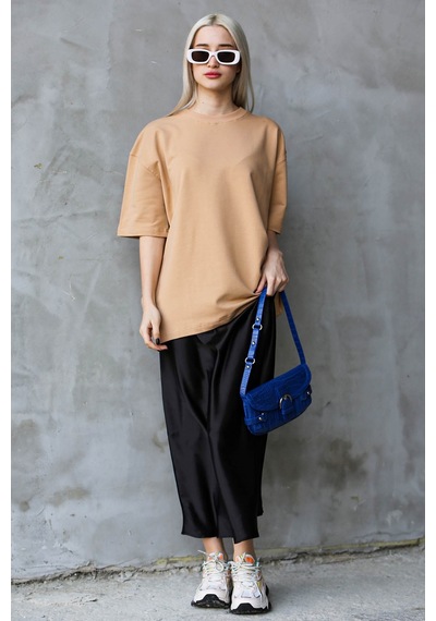 Madmext Bej Bisiklet Yaka Basic Oversize T-shirt Mg1687-bej Bej
