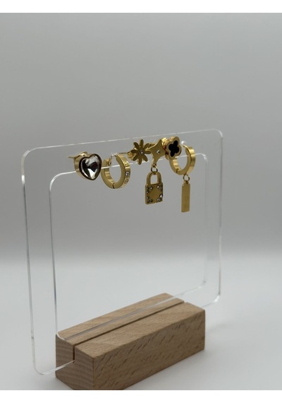 Arnes Jewelry Çelik Anahtarlı Zirkon Taşlı Kalpli 6 Lı Küpe Ar182nes Gold