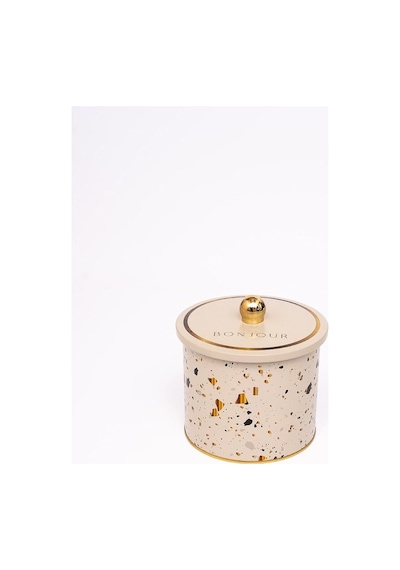 Terrazo Desenli Yuvarlak Metal Saklama Kabı, Erzak Saklama Kabı - Organizer Kutu 14 Cm X 12,5 Cm Terrazzo Cream