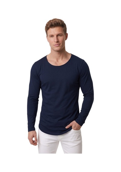Deepsea Erkek Lacivert %95 Pamuk Slim Fit Kesik Açık Yaka Likralı Penye Sweatshirt Oval Kesim 2602299