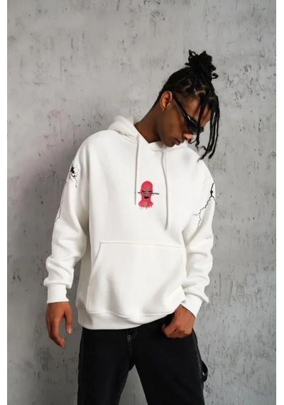 Veraura Lifestyle Erkek Maske Baskılı Kapüşonlu Sweat - Beyaz