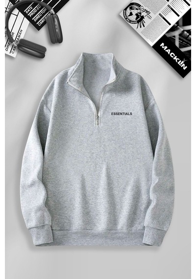 Macklin Unisex Kadın Erkek Essentials Baskılı Yarım Fermuarlı Dik Yaka Basic Sweatshirt Gri Mck0599 Gri