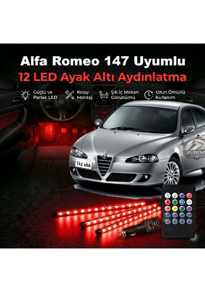 Alfa Romeo 147 Uyumlu Rgb Ayak Altı Led 12 Led Kumandalı Müzik Duyarlı Araç İçi Aydınlatma 7 Renk 12v 1