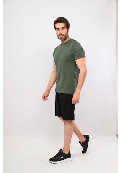 Erkek V Yaka Tshirt Şort Cep Fermuarlı Alt Üst Takım Haki