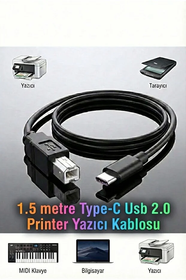 1.5 Metre Typec To Usb Printer Kablo MacBook Hp Canon Samsung Uyumlu Yazıcı Ara Kablosu Telefon Laptop Için 1.5m