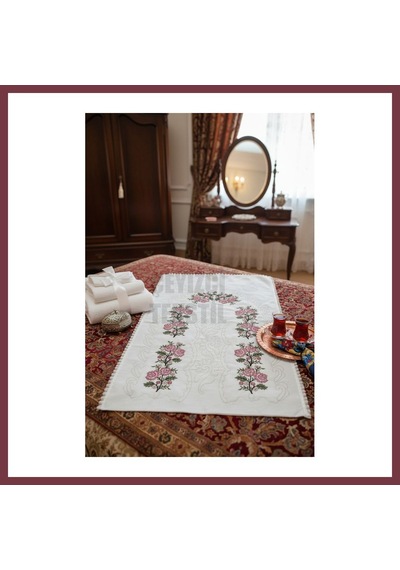 Storeşahin Kanaviçe İşlemeli Etamin Kumaş Seccade - Pudra Shn0720