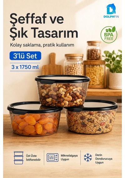 3 Lü Yuvarlak Saklama Kabı Seti 3x1,75 Litre Füme Şeffaf Siyah Kapaklı Bpa İçermez