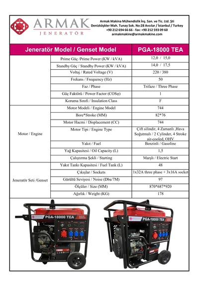 Armak PGA-18000 TEA 17.5Kva Trifaze Benzinli Portatif Jeneratör