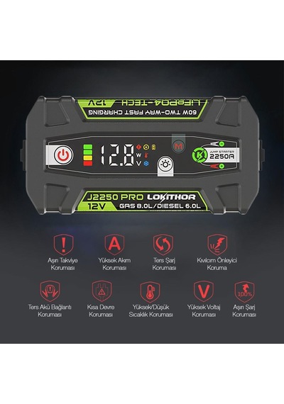 Lokithor J2250pro 12v 2250amp Lifepo4 Akıllı Akü Takviye + Powerbank + Led Lamba