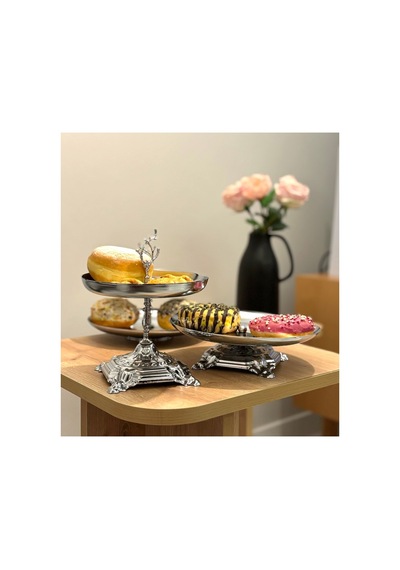 3'lü Lüx Sunumluk Çeyiz Seti - Gümüş Renk Metal Çay Saati & Misafir Sunumluk Stand Gümüş - 815169597