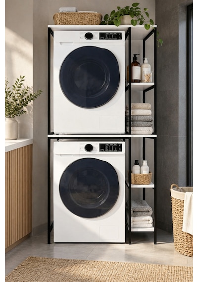 Sulorahome Çamaşır Makinesi Üstü Metal Raf Sistemi Ve Yan Raflı Düzenleyici Beyaz