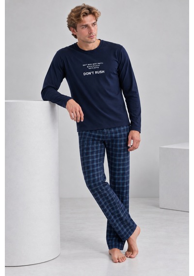 Pijamask Erkek Lacivert Baskılı Uzun Kollu Ekose Pantolon Pijama Takımı Lacivert