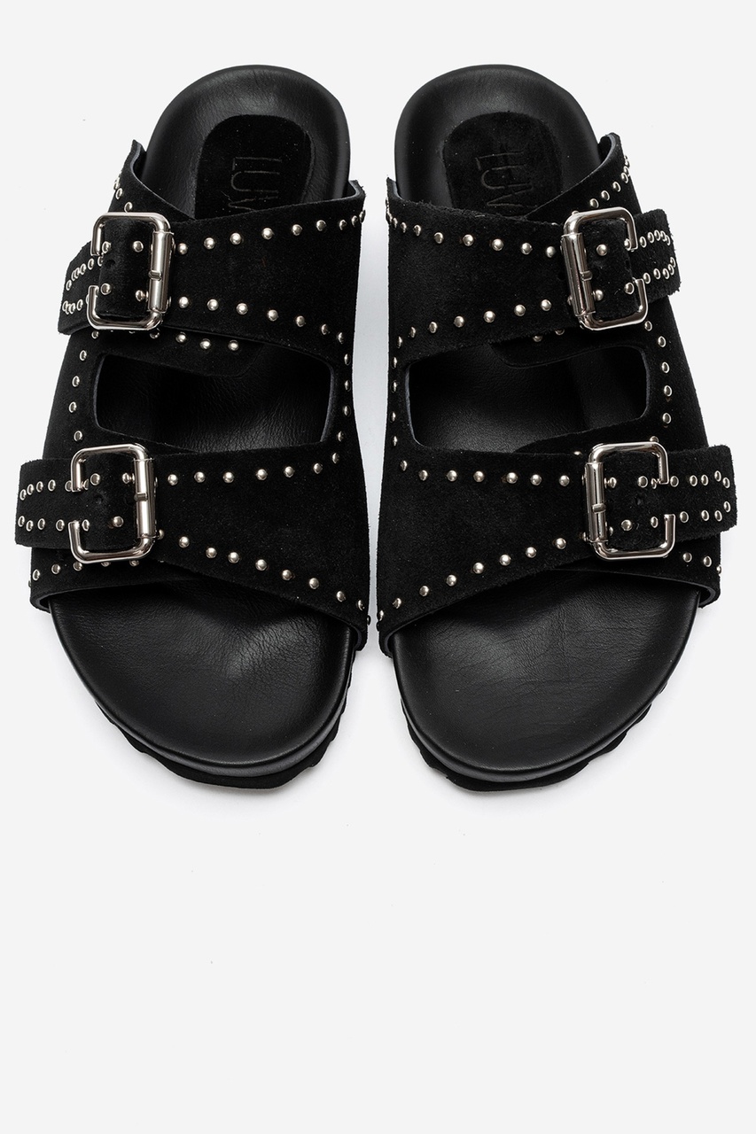 Luvi Shoes Avenelle Siyah Süet Hakiki Deri Çift Bantlı Zımbalı Kadın Terlik